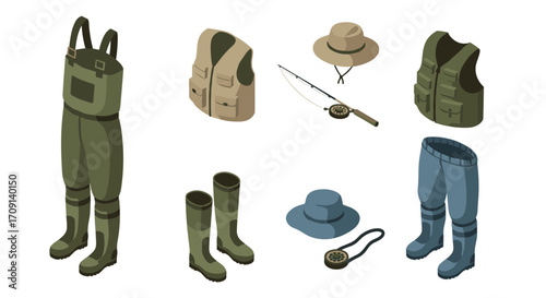 Essential fishing gear set in isometric style: waders, hats, vest, rod, and boots