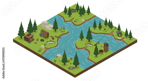 Isometric wilderness river scene with forest, cabin, and wildlife