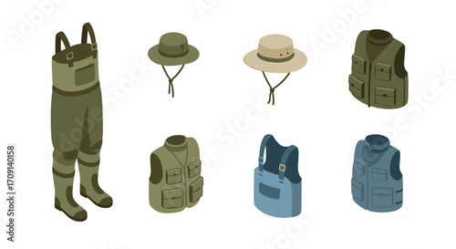 Fishing gear collection: waders, hats, and vests in isometric style