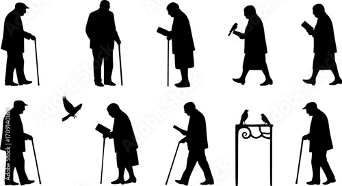 Silhouettes of elderly people with canes reading and interacting with birds in a monochrome scene | eps vectors
