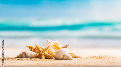 Tropical beach accessories artistically arranged, featuring starfish and seashells on sand.

