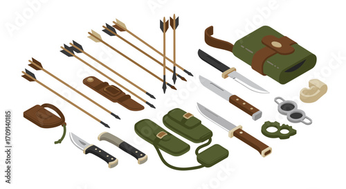 Isometric camping gear collection featuring knives, arrows, and accessories