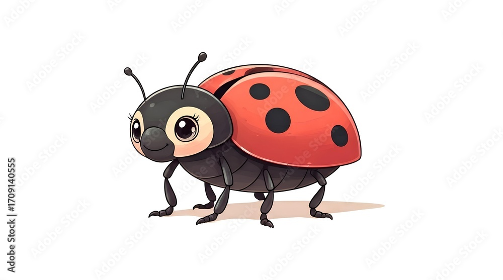 Fototapeta premium Cute cartoon ladybug with big eyes, perfect for children's stories and educational content.