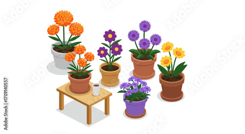 Colorful potted flowers on table with coffee cup in isometric style