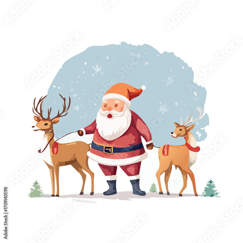 Santa Claus on a cheerful walk, leading two beautiful reindeer against a backdrop of soft winter snow, celebrating the heartwarming spirit of the festive season