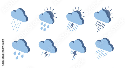 Isometric weather icons: cloudy, rainy, thunder, sun, and more