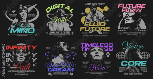 Retro futuristic streetwear t-shirt designs bundle, Edgy streetwear vector set, Bold typography design for print, Retrofuturism poster, Y2k apparel design, Urban quotes graphic tee, Vintage aesthetic