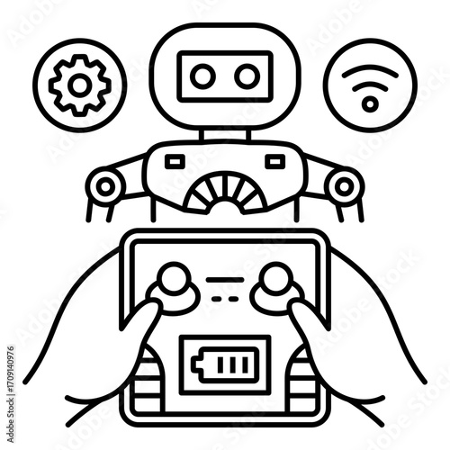 Human Hands Operating an Industrial Robot or Drone with a Futuristic Controller and WiFi Connectivity, Representing Intelligent Robotics, Automation, and Artificial Intelligence for Smart Systems.