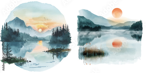 misty lake at sunrise watercolor vector illustration