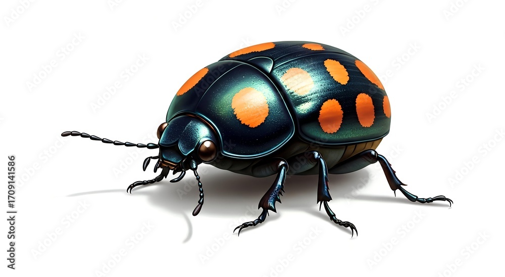 Fototapeta premium Detailed iridescent beetle with orange spots crawls on white background