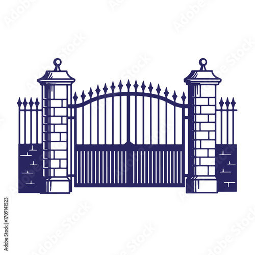 Elegant blue silhouette of a classic wrought iron gate with brick columns and finials