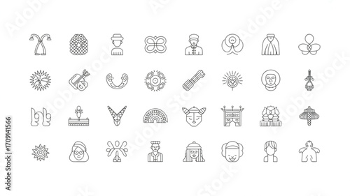 Cultural heritage line art icons vector set traditional symbols and artifacts unique design elements 100char