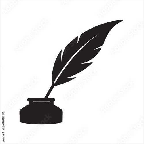 Feather quill pen with ink pot silhouette vector