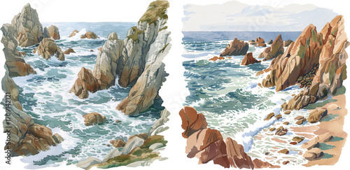 rocky coastline with foam watercolor vector illustration