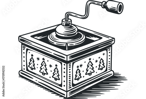 Vintage Hand Crank Music Box with Christmas Tree Decoration. Vector hand drawn illustration