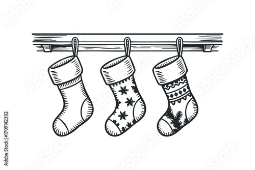 Three hanging Christmas stockings with festive patterns. Vector hand drawn illustration