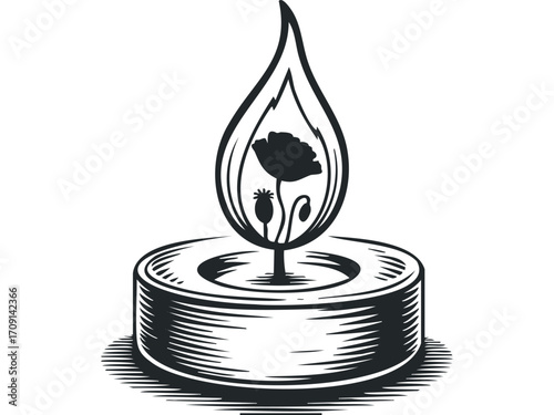 Poppy flower silhouette burning inside candle flame. Vector hand drawn illustration