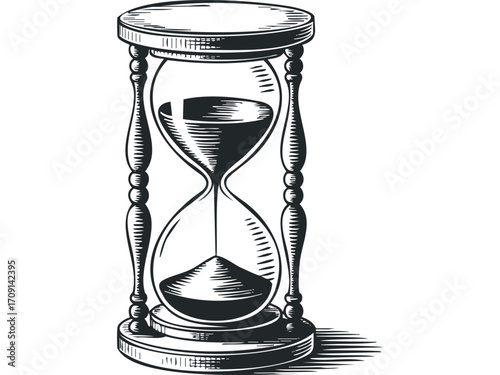 Intricate engraved hourglass with sand flowing. Vector hand drawn illustration