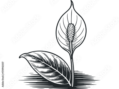 Black and white line drawing of a Peace Lily flower with stem and leaves. Vector hand drawn illustration