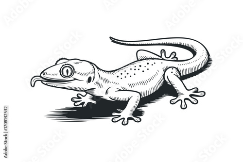 Gecko reptile in linocut style on transparent background. Vector hand drawn illustration