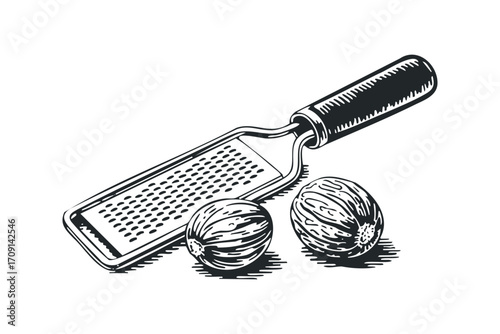 Nutmeg and grater illustration on a transparent background. Vector hand drawn illustration