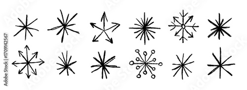 Black doodle snowflakes set. Crayon hand drawn snow flake collection. Craft sparkle and crystal sketch elements for Christmas, New Year party, winter holiday ornament. Vector pastel chalk shape pack