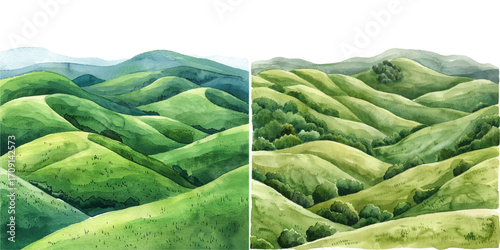 rolling green hills watercolor vector illustration