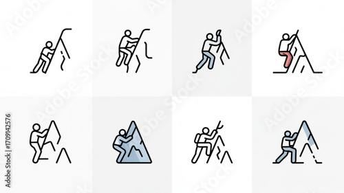 Mountain climbing icons set vector illustration for adventure sport and outdoor activities design concept