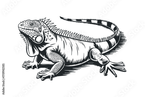 Detailed line drawing of an iguana in profile on transparent background. Vector hand drawn illustration