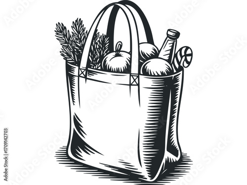 Tote bag filled with groceries and holiday greenery. Vector hand drawn illustration
