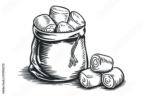 Bag of rolled hay bales on transparent background. Vector hand drawn illustration