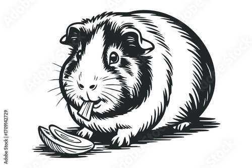 Monochrome graphic of a guinea pig eating a vegetable slice. Vector hand drawn illustration