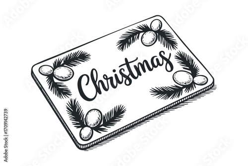 Christmas greeting card with fir branches and berries. Vector hand drawn illustration
