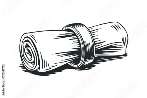 Rolled up parchment scroll secured by a band on transparent background. Vector hand drawn illustration