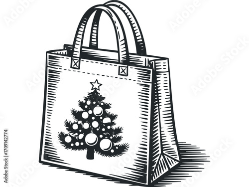 Christmas shopping bag with tree ornament. Vector hand drawn illustration