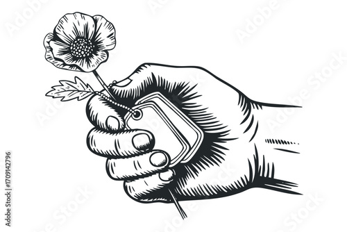 Hand holding poppy flower and dog tag graphic. Vector hand drawn illustration