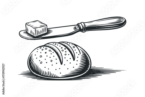 Rustic round bread loaf with buttered knife on transparent background. Vector hand drawn illustration