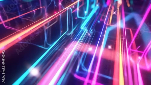 Abstract image featuring glowing neon lines in blue, pink, and orange colors, creating a futuristic and dynamic effect.