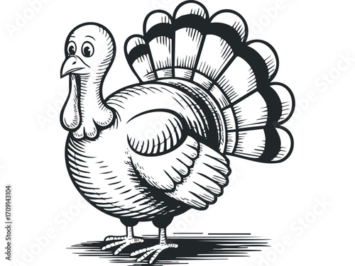 Line art turkey with fanned tail on transparent background. Vector hand drawn illustration
