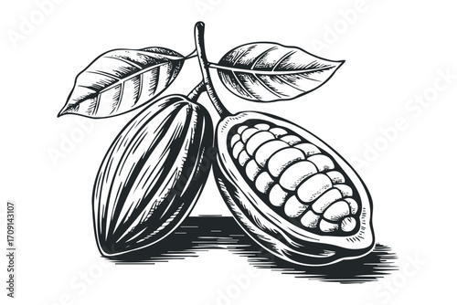 Cocoa pod with beans and leaves graphic. Vector hand drawn illustration