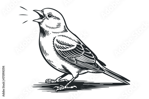 Detailed line art sketch of a small songbird singing on white transparent background. Vector hand drawn illustration
