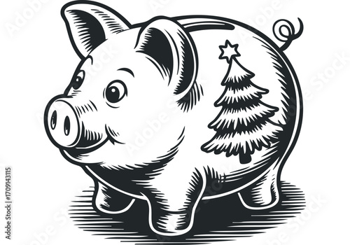 Engaging piggy bank with Christmas tree emblem and star on a transparent background. Vector hand drawn illustration
