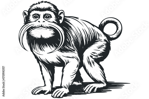 Whimsical Primate with Long Moustache. Vector hand drawn illustration