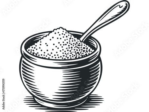 Wooden Bowl of Granules with Spoon. Vector hand drawn illustration