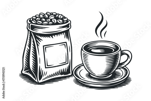 Line art sketch of coffee bag and steaming cup with saucer. Vector hand drawn illustration