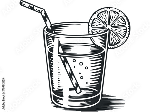 Glass of Refreshing Beverage with Lemon Slice and Straw. Vector hand drawn illustration