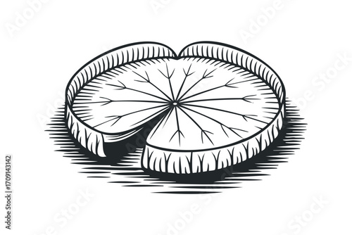 Lily pad leaf with radiating veins in vintage engraving style isolated on white. Vector hand drawn illustration
