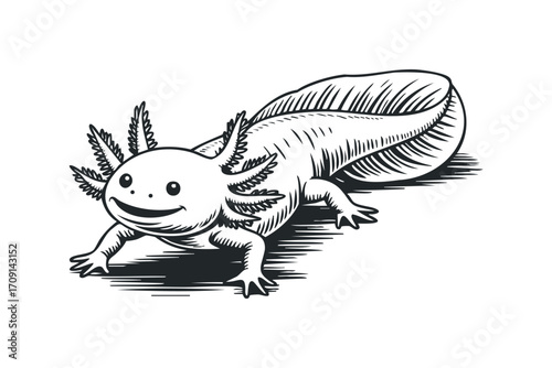 Axolotl amphibian drawing on transparent background. Vector hand drawn illustration