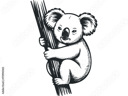 Stylized koala clinging to a eucalyptus branch. Vector hand drawn illustration