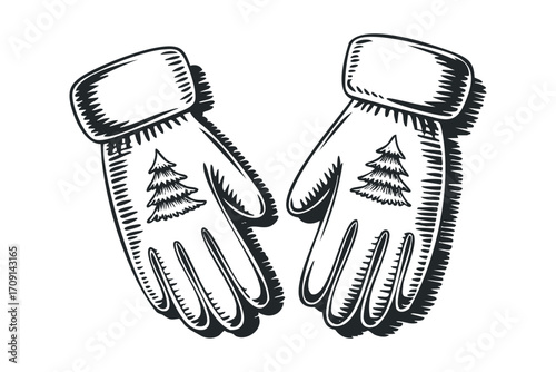 Drawn winter gloves with pine tree motif isolated on white. Vector hand drawn illustration